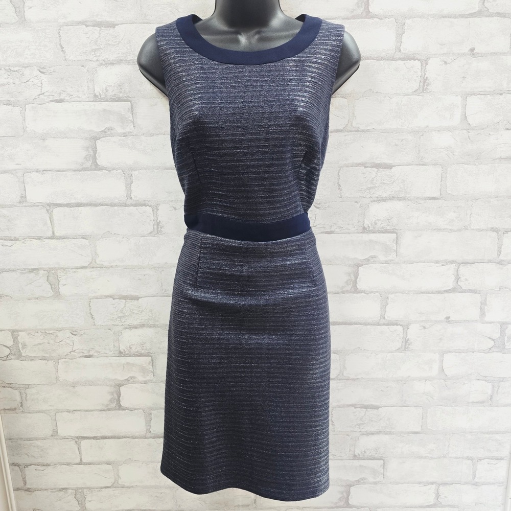TRINA TURK Women's Navy Blue Striped Metallic Sheath Dress Size 10